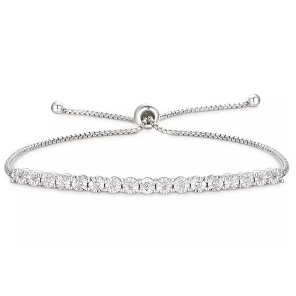 NIB 925 Sterling Silver Diamond Bolo Bracelet 1/10 CTW Adjustable - Picture 1 of 7
